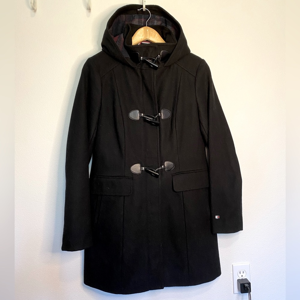 Tommy Hilfiger Black Wool Hooded Zippered Peacoat Size S